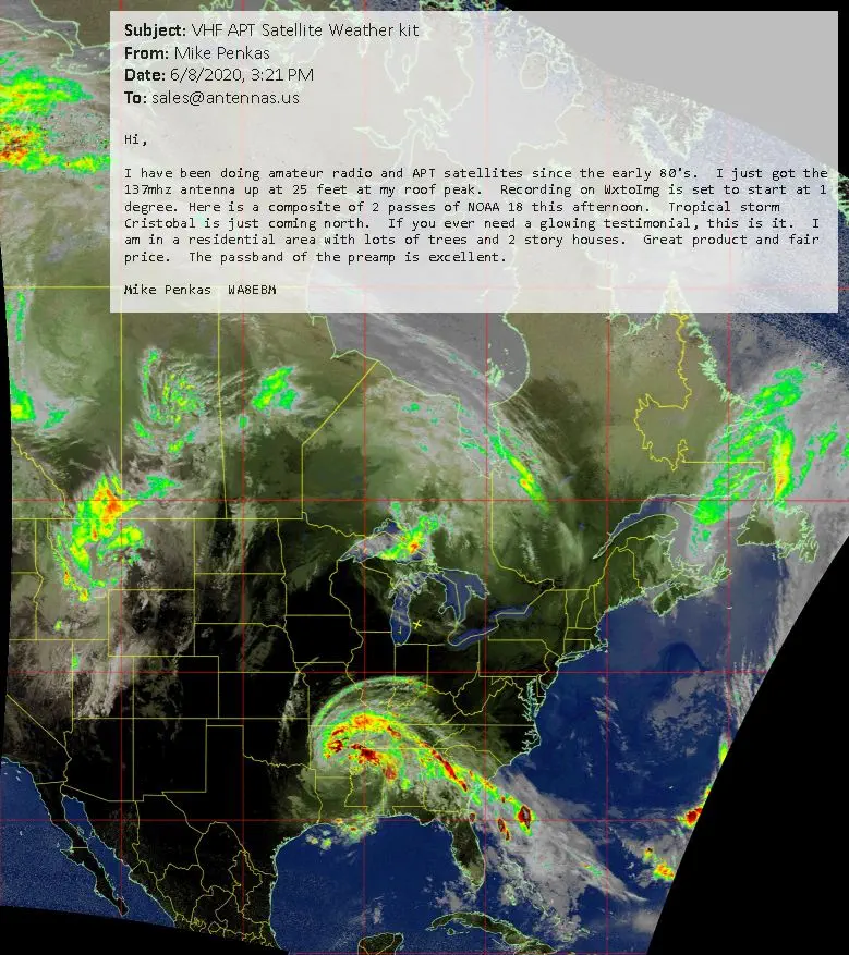 Composite of 2 NOAA-18 passes, Tropical Storm Cristobal, June 8, 2020 - Courtesy of M Penkas (WA8EBM)